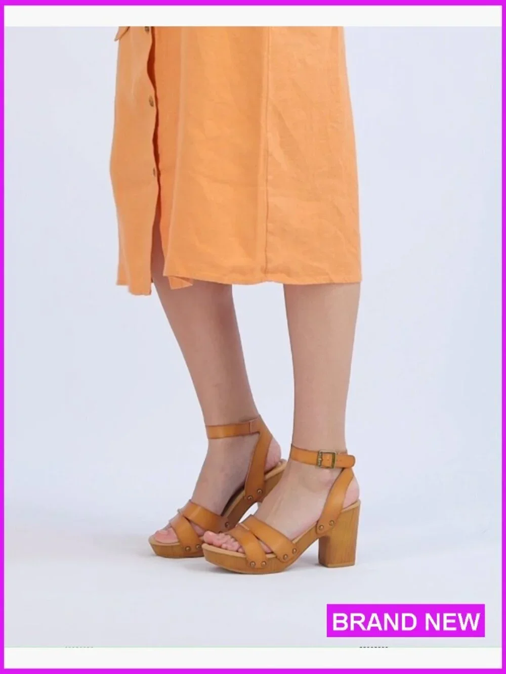 Platform Wedge Sandals with Faux Wood Block Heel and Studded Straps